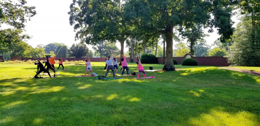 People doing yoga outside on lawn