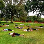 Group of people laying down on yoga mats outside