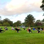group of people in yoga stretch outside