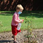 young boy spraying a plant with a spray bottle