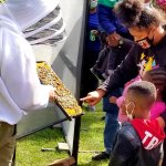 bee keeper showing people honey bees