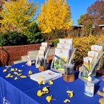 pinelawn table with autumn trees in background