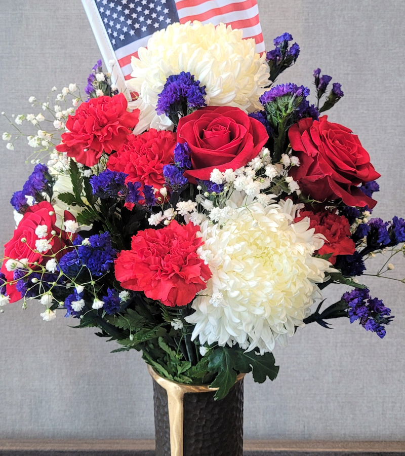 Veterans Bouquet red white and blue flowers with American flag