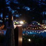 woman speaking at a podium outside in front of fountain and lights