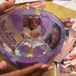 close up of purple bowl with photos and graphics decorated